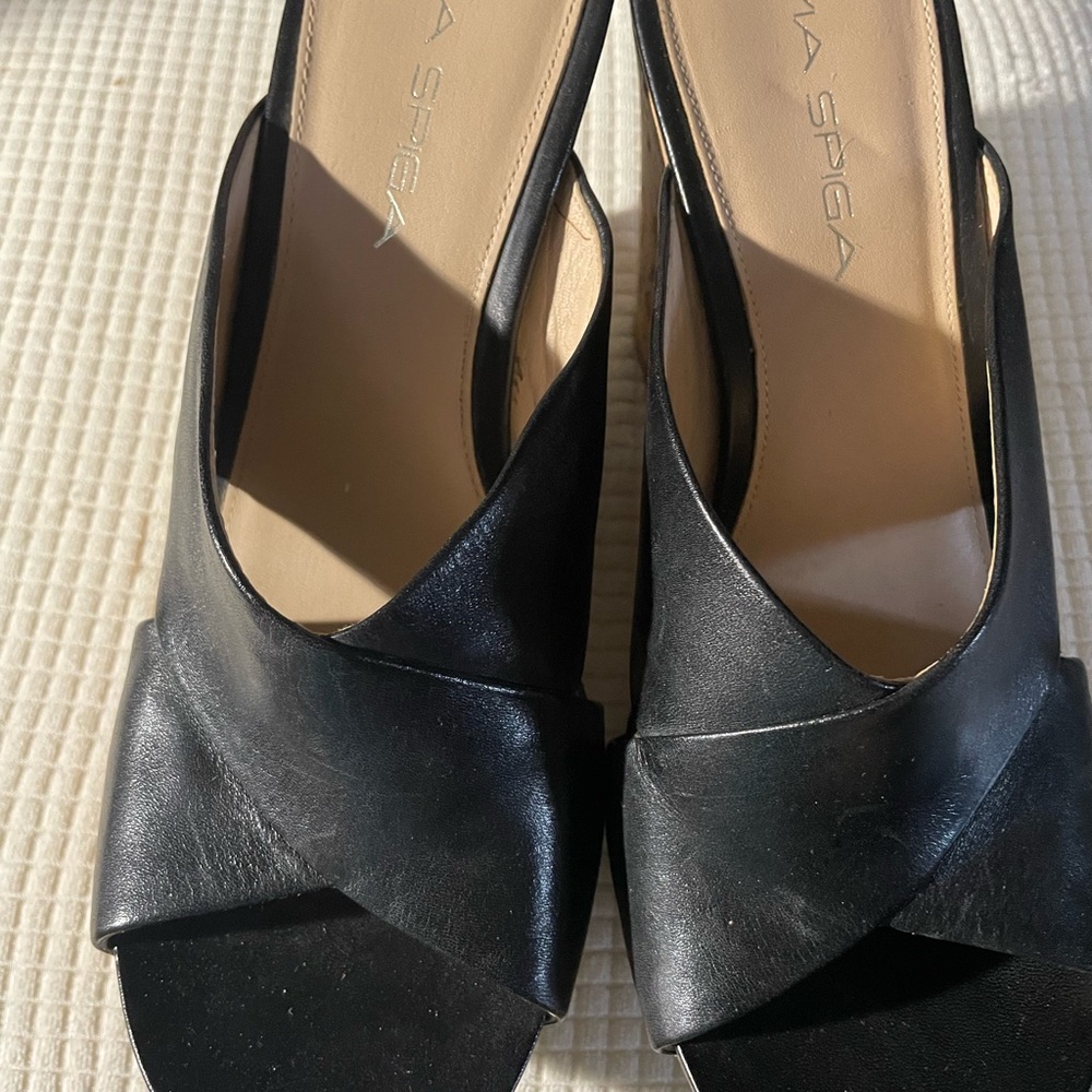 Via Spiga Black Leather Peep-Toe Heels